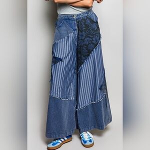 POL Blue Indigo Patchwork Wide Leg Pants